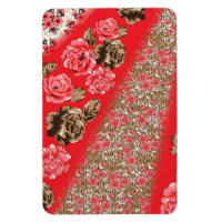 Vibrant red fabric featuring intricate floral and