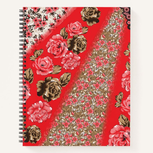 Vibrant red fabric featuring intricate floral and  notebook (Front)