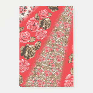 Vibrant red fabric featuring intricate floral and post-it notes