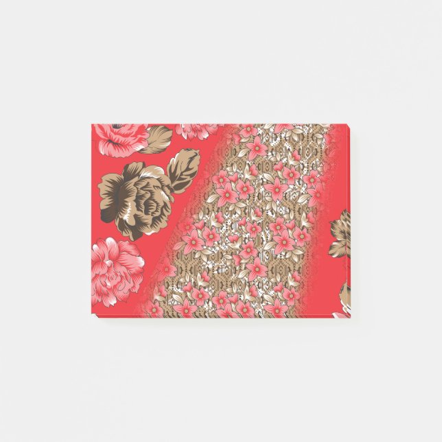 Vibrant red fabric featuring intricate floral and  post-it notes (Front)