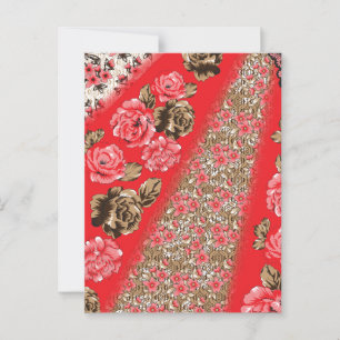 Vibrant red fabric featuring intricate floral and  postcard