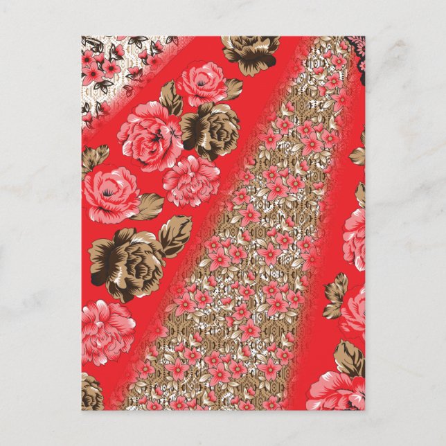 Vibrant red fabric featuring intricate floral and  postcard (Front)