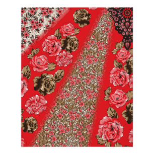 Vibrant red fabric featuring intricate floral and  poster