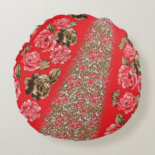 Vibrant red fabric featuring intricate floral and round cushion