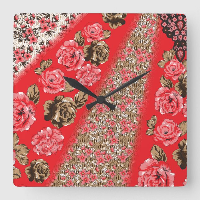 Vibrant red fabric featuring intricate floral and  square wall clock (Front)