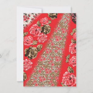 Vibrant red fabric featuring intricate floral and  thank you card