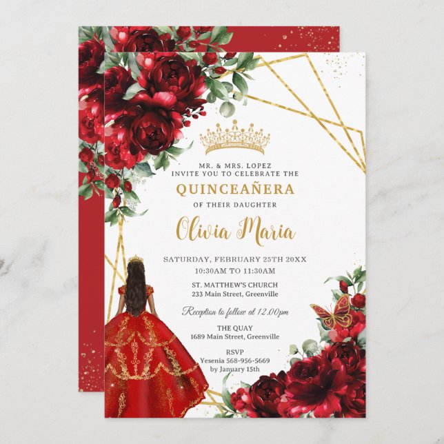 Vibrant Red Floral Flowers Princess Quinceañera Invitation (Front/Back)