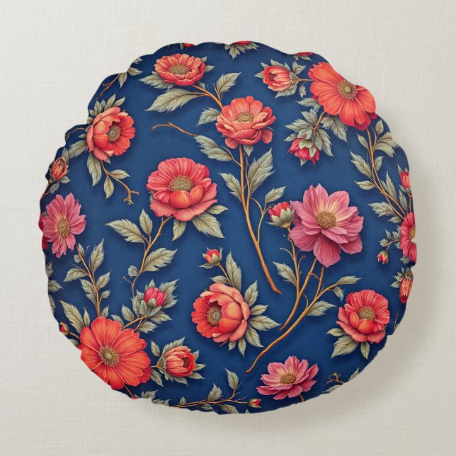 Vibrant Red Floral Pattern Round Cushion (Front)