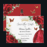 Vibrant Red Floral Princess Dress Gold Quinceañera Save The Date<br><div class="desc">Personalise this pretty red floral Quinceañera / Sweet 16 birthday save the date easily and quickly. Simply click the customise it further button to edit the texts, change fonts and fonts colours. Featuring a girl dressed in a beautiful glittery red ball gown, vibrant red roses, butterflies and gold elements. Matching...</div>