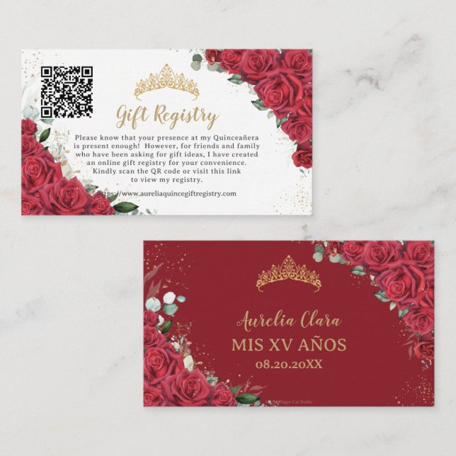 Vibrant Red Floral Quinceañera QR Gift Registry Enclosure Card (Front/Back)