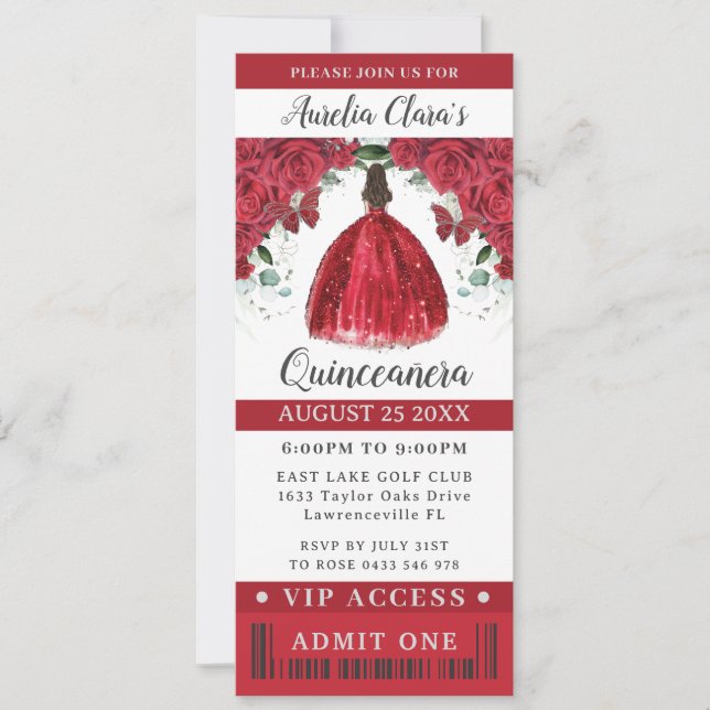 Vibrant Red Floral Quinceañera Sweet 16 VIP Ticket Invitation (Front)