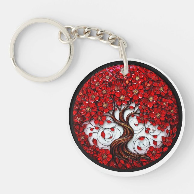 Vibrant Red Flower Tree with Stylish Details Key Ring (Front)