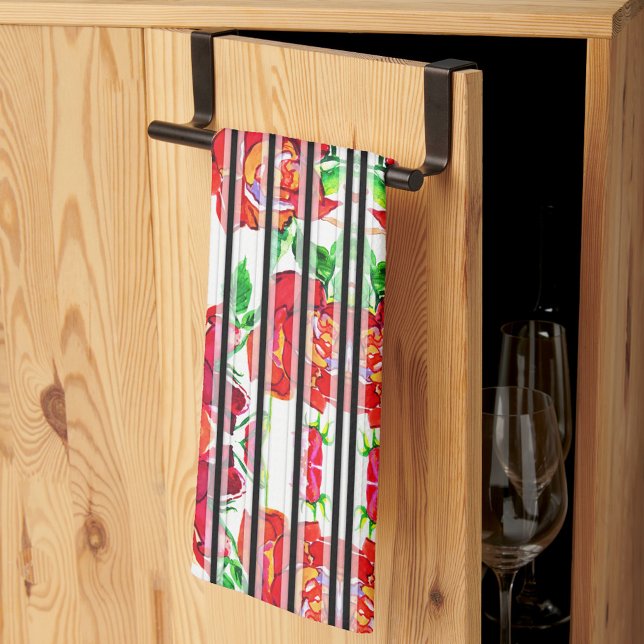 Vibrant red flowers and green leaves on curtains tea towel (Creator Uploaded)