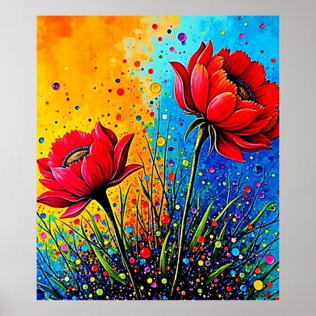 Vibrant Red Flowers Pop Art Print (Front)