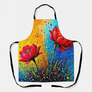 Vibrant Red Flowers Pop Art Print Apron