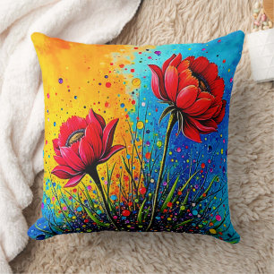 Vibrant Red Flowers Pop Art Print Cushion