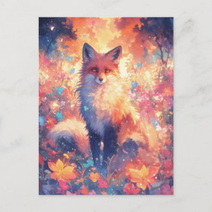 Vibrant Red Fox in Sunset Floral Meadow Postcard