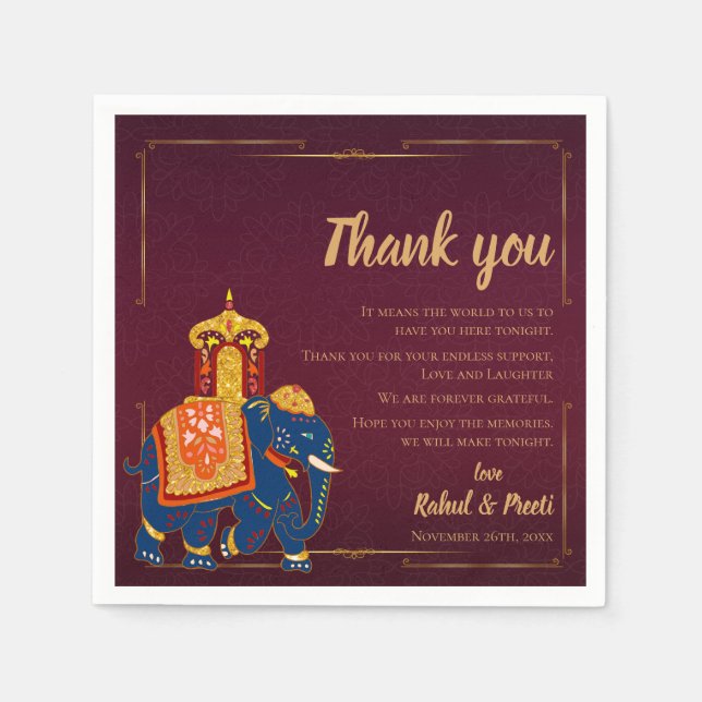 Vibrant Red Gold Indian Wedding Thank you Message Napkin (Front)