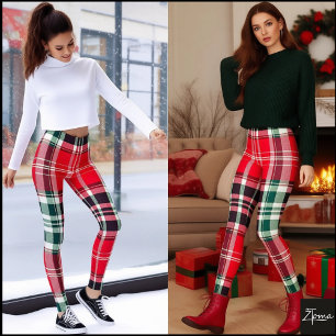 Vibrant Red Green Black Holiday Plaid Leggings