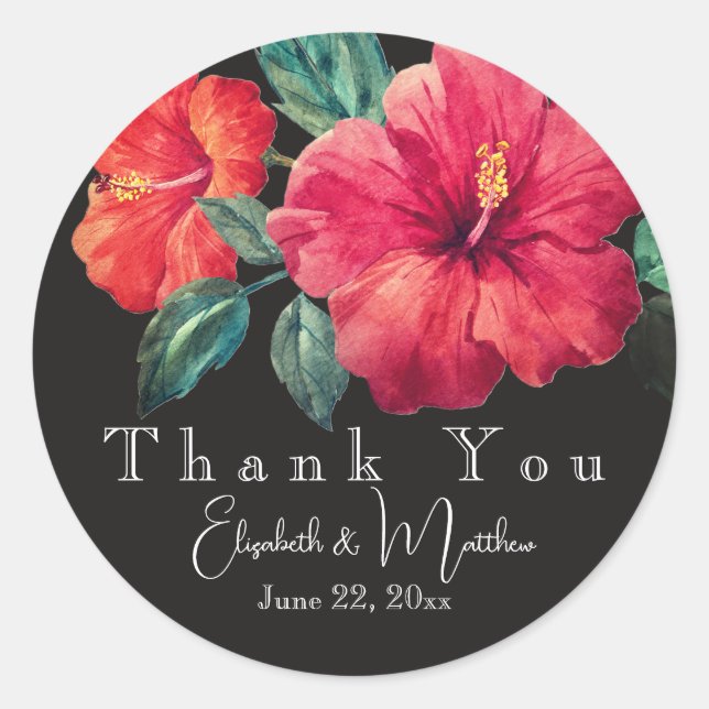 Vibrant Red Hibiscus Elegant Black/White Thank You Classic Round Sticker (Front)