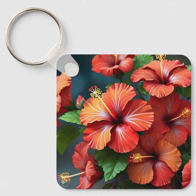 Vibrant Red Hibiscus Flowers-76894 Key Ring (Front)