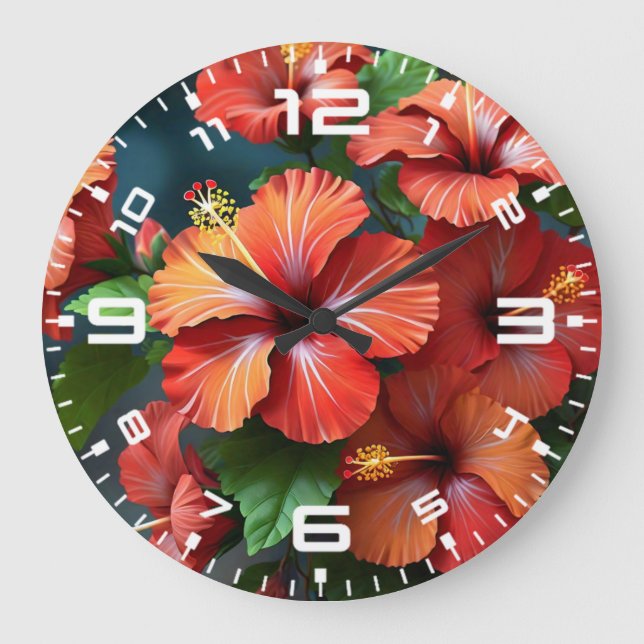 Vibrant Red Hibiscus Flowers-76894 Large Clock (Front)