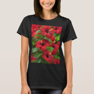 Vibrant Red Hibiscus Flowers With Leaves-43699 T-Shirt