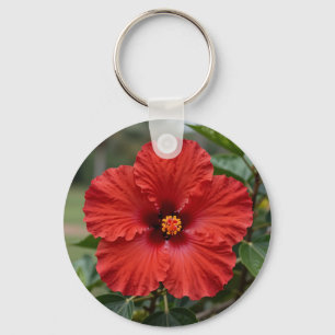 Vibrant Red Hibiscus Tropical Bloom Key Ring