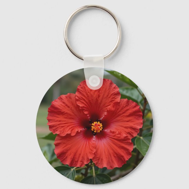 Vibrant Red Hibiscus Tropical Bloom Key Ring (Front)