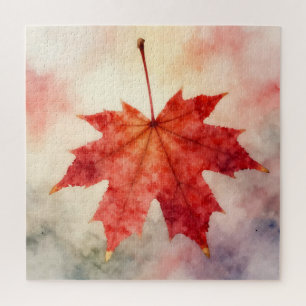 Vibrant Red Maple Leaf Watercolor Jigsaw Puzzle