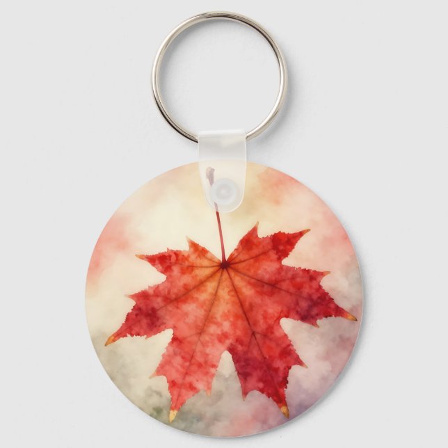 Vibrant Red Maple Leaf Watercolor Key Ring (Front)