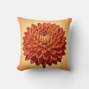 Vibrant Red Orange Chrysanthemum Flower Botanical  Cushion