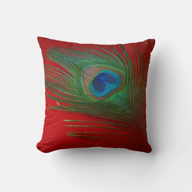 Vibrant Red Peacock Feather Cushion (Front)