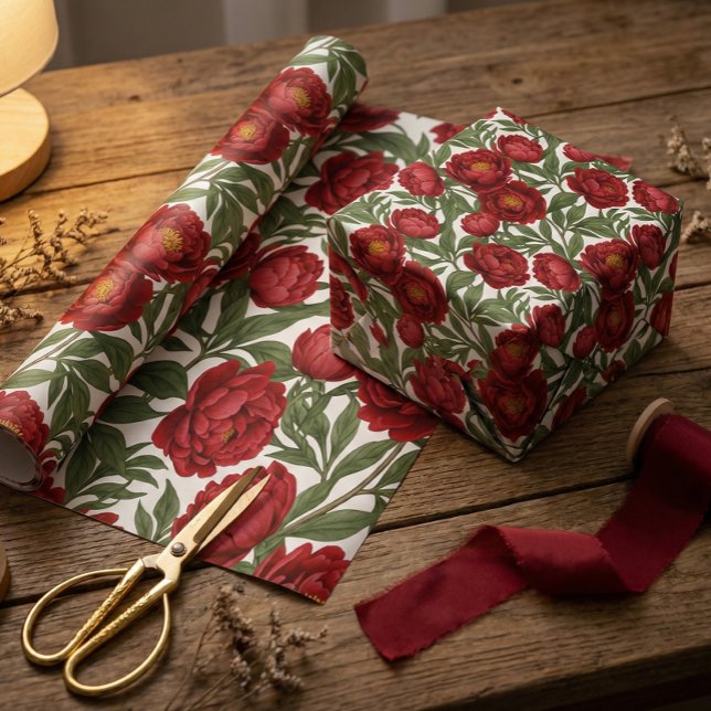 Vibrant Red Peony Collection Customizable Party  Wrapping Paper (Creator Uploaded)