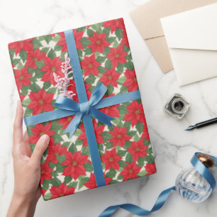 Vibrant Red Poinsettia Blooms Elegant Floral  Wrapping Paper