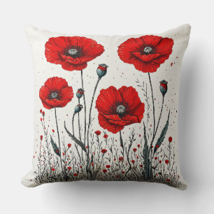 Vibrant Red Poppies Illustration Cushion