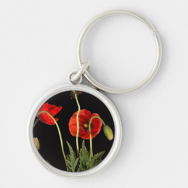 Vibrant Red Poppies On Black Key Ring (Front)