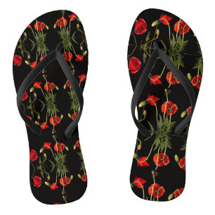 Vibrant Red Poppies On Black Thongs