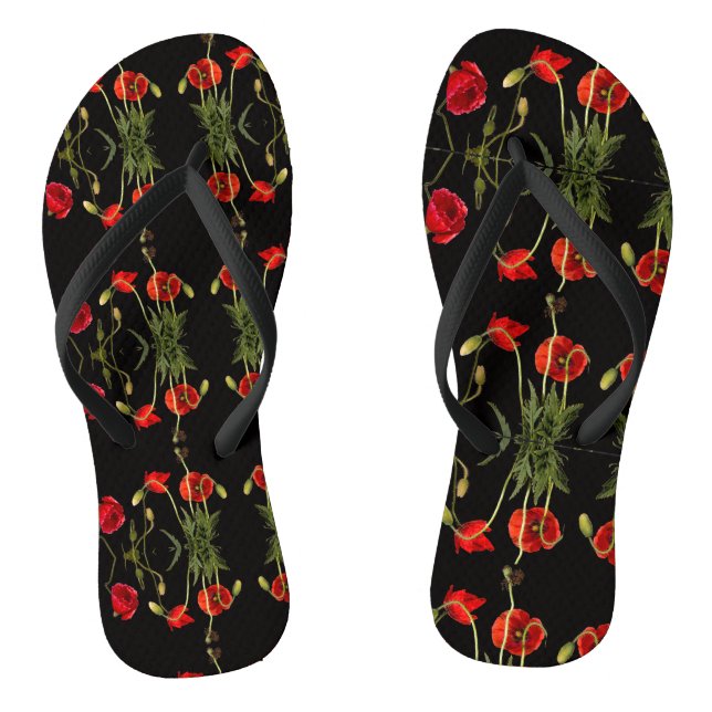 Vibrant Red Poppies On Black Thongs (Footbed)