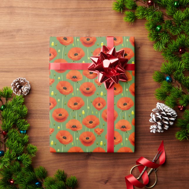 Vibrant Red Poppies Pattern on a Green Background Wrapping Paper (Holiday Gift)