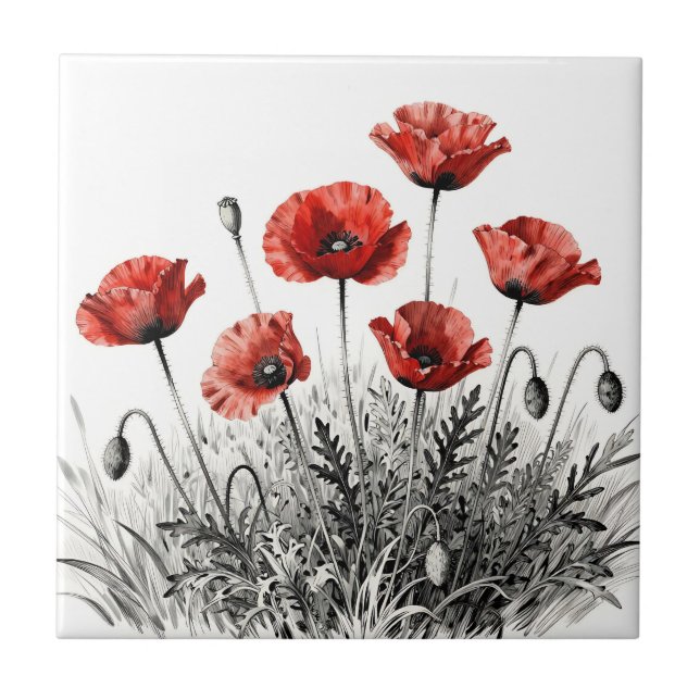 Vibrant Red Poppy Flower Meadow Ceramic Tile (Front)