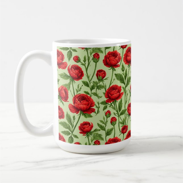 Vibrant Red Ranunculus Floral Pattern Coffee Mug (Left)