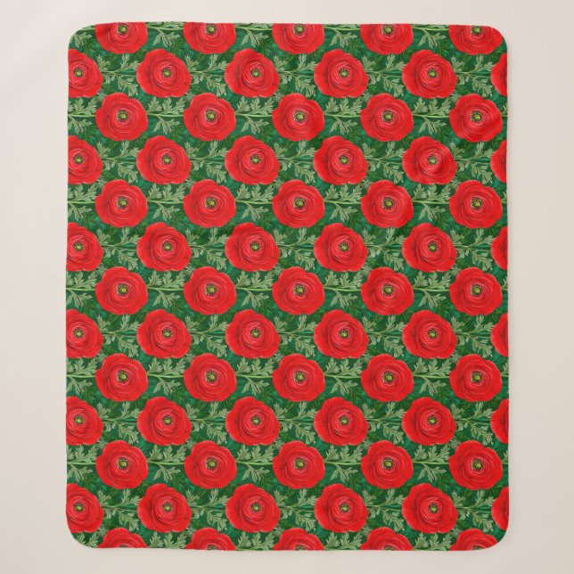 Vibrant Red Ranunculus Floral Pattern Sherpa Blanket (Front)
