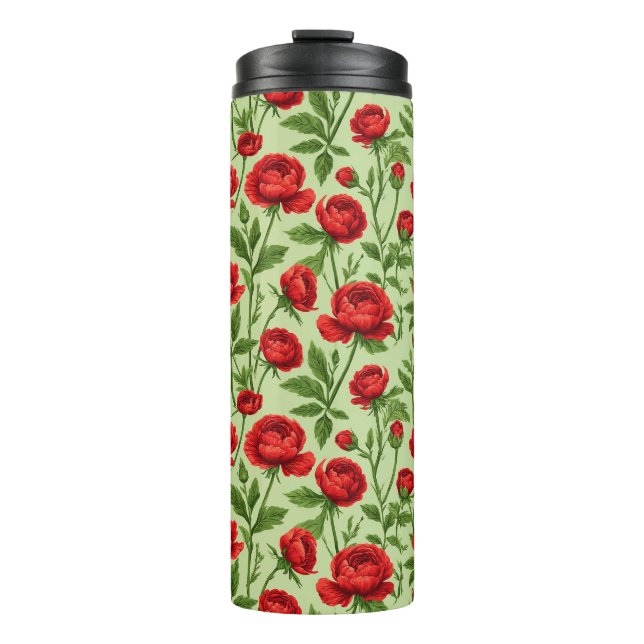 Vibrant Red Ranunculus Floral Pattern Thermal Tumbler (Front)