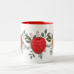 Vibrant Red Raspberry with Floral Leaves Two-Tone Coffee Mug