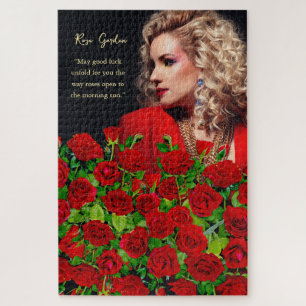 Vibrant Red Rose Garden Floral Custom Photo Text  Jigsaw Puzzle