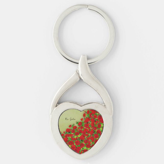 Vibrant Red Rose Garden Floral Pattern Key Ring (Front)