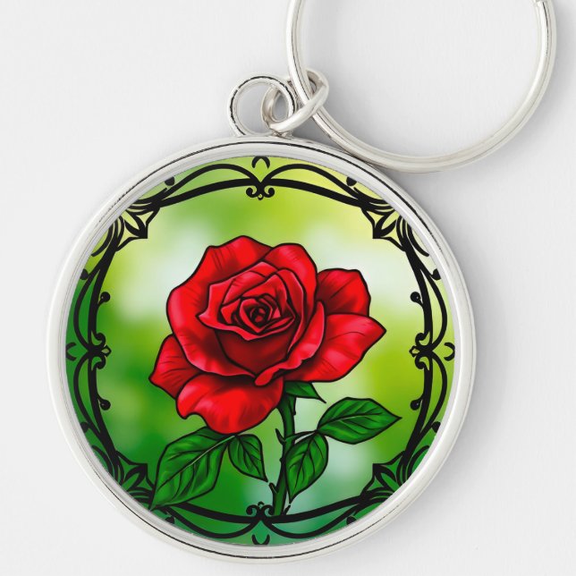 Vibrant red rose key ring (Front)
