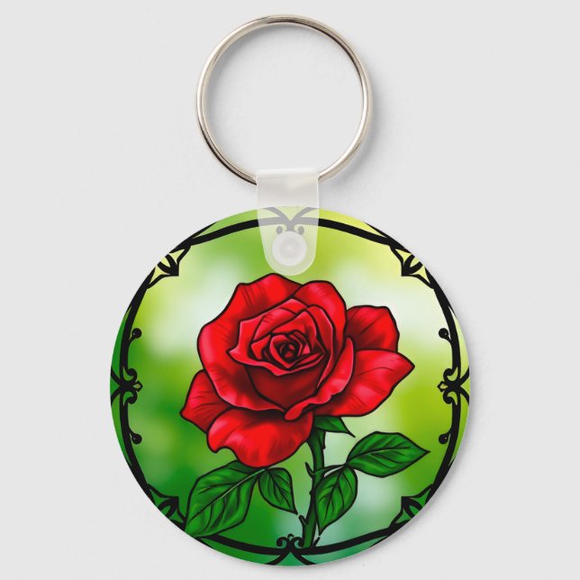 Vibrant red rose key ring (Front)