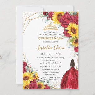 Vibrant Red Rose Sunflower Floral Gold Quinceañera Invitation